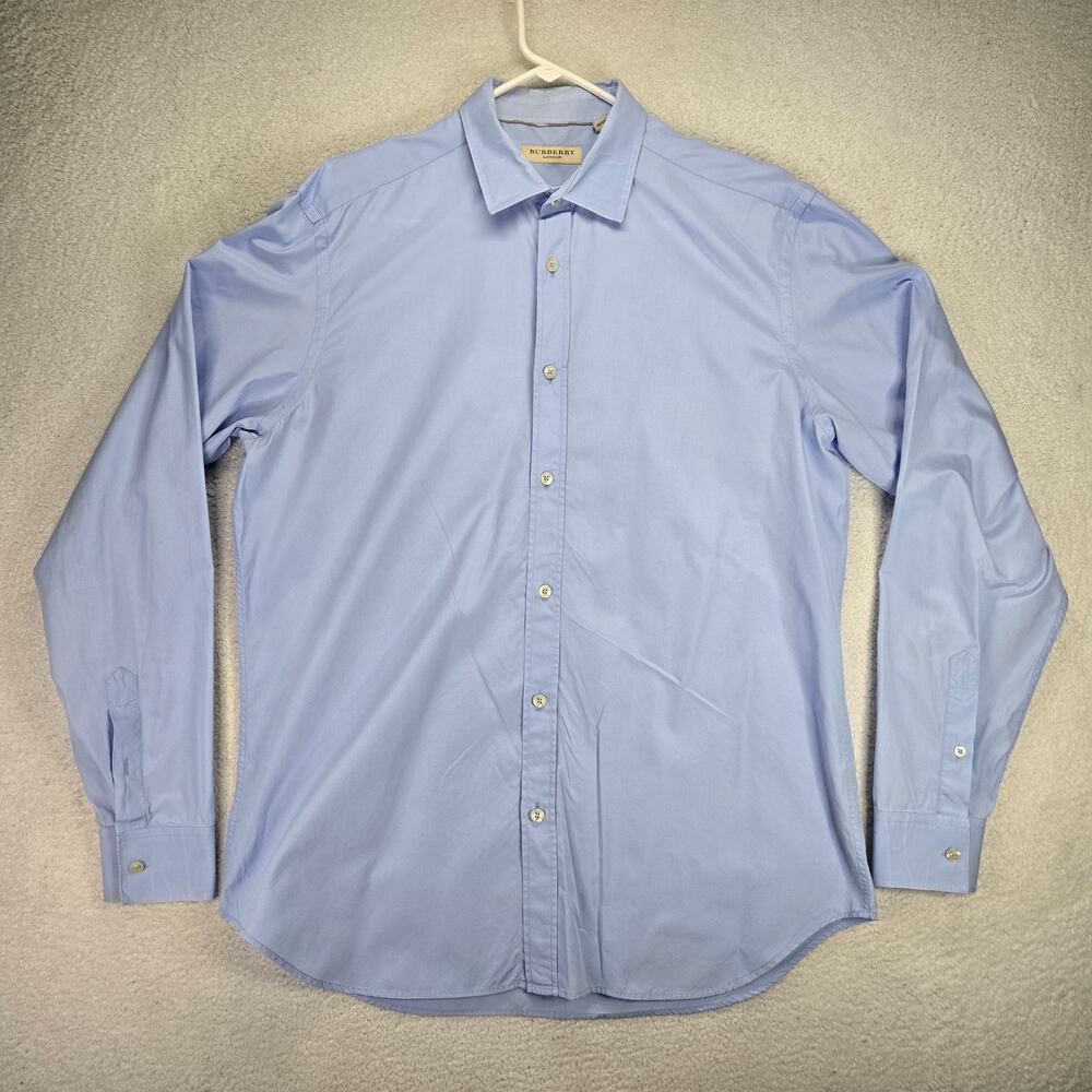 Burberry London Dress Shirt Mens 17.5 44 Tailored Blue Button Up Long Sleeve